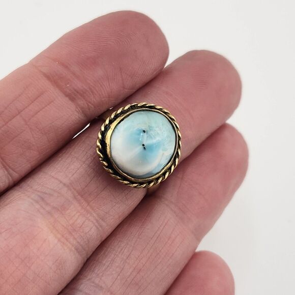 Larimar Size 6 Ring Ocean Sky Blue Cabochon Vintage Sterling Silver Rope Edging - Picture 3 of 12